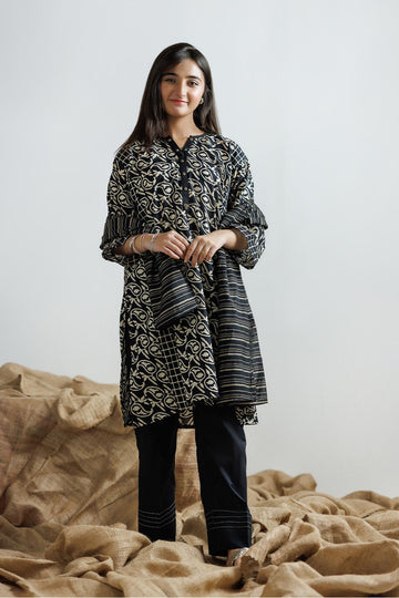 GAD-03161 | Black & Fawn | Casual 3 Piece Suit | Cotton Lawn Printed